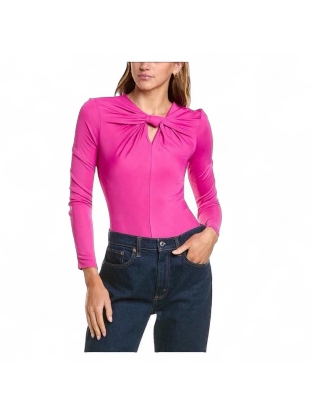 FARM Rio Fuchsia Pink Knot Front Long Sleeve Bodysuit XL